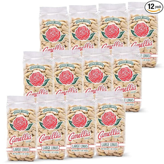 Camellia Brand Dried Large Lima Beans – Premium White Butter Beans for Southern Cooking, Soups, Stews & Casseroles – Non-GMO, Gluten-Free, Vegan, Vegetarian, High Protein, High Fiber, 1 Pound (Pack of 12)