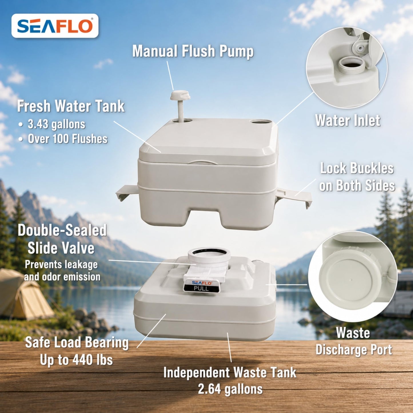 SEAFLO Camping Portable Toilet - 2.6 Gallon Waste 3.43 Gall Fresh Tank (100 Flushes), 440 lbs Max