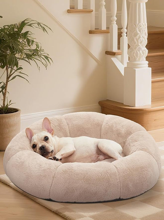 OhGeni 31 inches Calming Donut Orthopedic Dog & Cat Bed for Medium Pets, Warming Comfort Fluffy Short Pile Fur, Durable Waterproof Machine Washable Removable Cover, Cute Round Bed for Puppy, Cream
