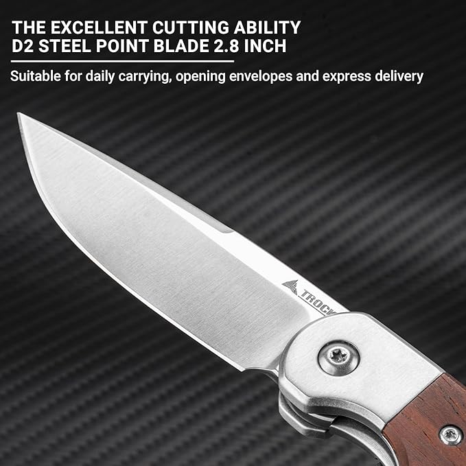 Small EDC Knife 2.8", Pocket Knife D2 Steel Point Blade Wood Handle - flipper Folding Knife for Men Women - Daily Carry Office Camping Hiking