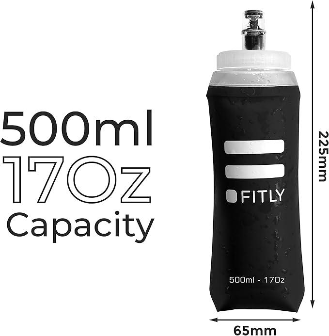 FITLY Large Soft Flask - 17 oz (500 ml) - Shrink As You Drink Pocket Soft Water Bottle for Hydration Pack/Running Vest- Folding Water Bottle for Running, Hiking, Cycling - Ski Water Bottles (F5L)