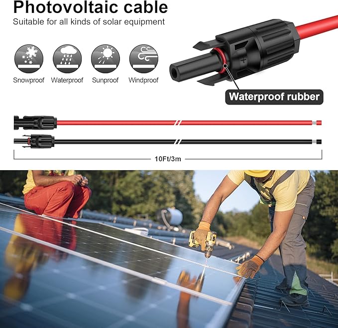 iGreely Solar Panel Extension Cable - 10 Feet 10AWG(6mm²) Solar Extension Cable with Female and Male Connector Solar Panel Wiring Wire Adapter (10FT Red + 10FT Black)