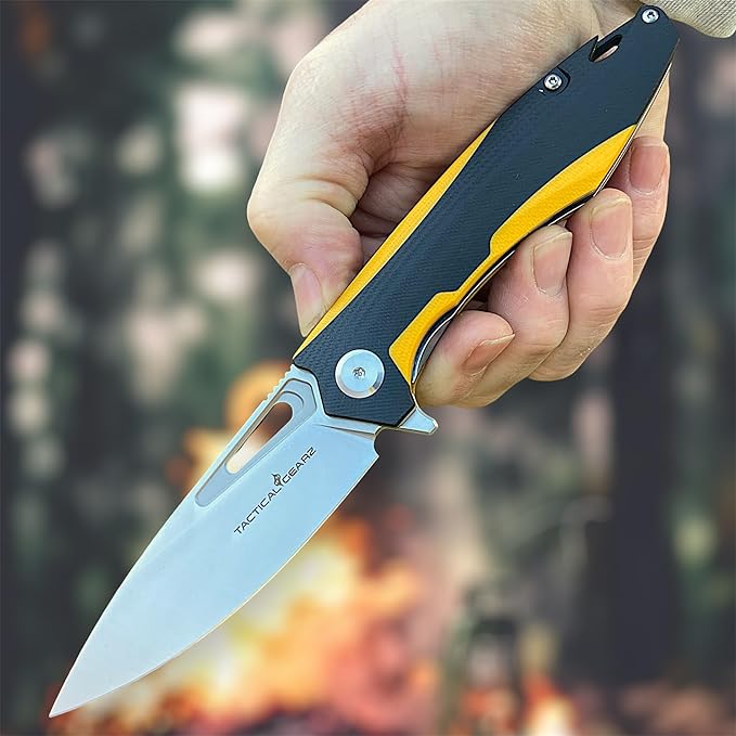 TACTICAL GEARZ Pocket Folding Knife for EDC, D2 Steel Blade, Dual Color G10 Handle, Includes Sheath (Kuma Yellow/Black)
