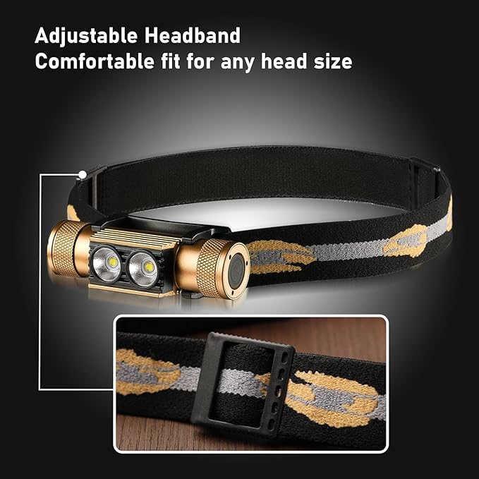 Headlamp, 1200 High Lumens Head Lamp for Adults, Waterproof and Impact Resistant, Adjustable and Comfortable Headband, Golden,Gifts for Family,Friend