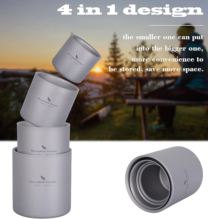 Boundless Voyage 3 in 1 Double Walled Titanium Cup Heat Resistant Mini Tea Drink Cup Outdoor Camping Mug Coffee Cups Camping Accessories (Ti3030D 450ml)