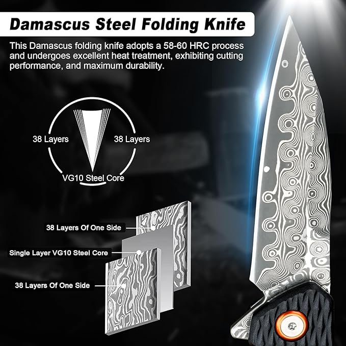 Damascus Folding Knife, 3.03" Damascus Steel Blade Pocket Knives with Clip, Black Aluminum Handles, Camping Folding Knife for Hunting Fishing Hiking Outdoor