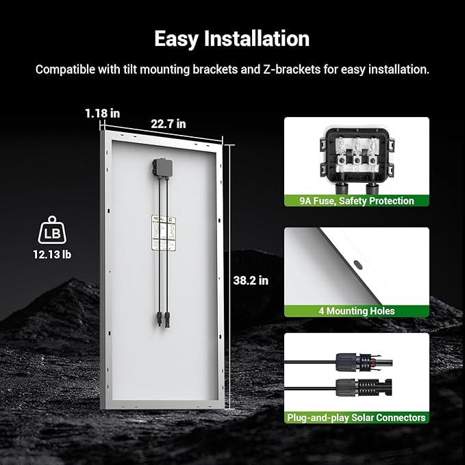 HQST 100 Watt 12V Monocrystalline Solar Panel with Solar Connectors, High Efficiency Module PV Power for Battery Charging Boat, Caravan, RV and Any Other Off Grid Applications