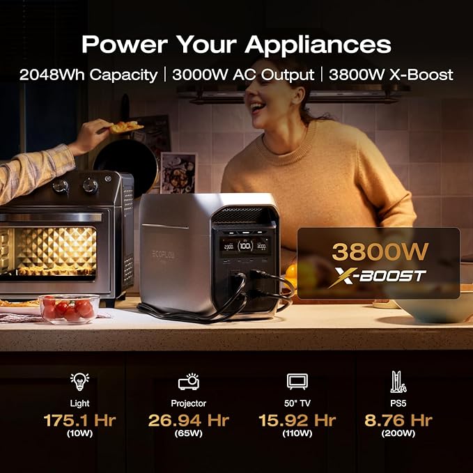 EF ECOFLOW Portable Power Station DELTA 3 Max Plus, 2048Wh LiFePO4 Battery, Solar Generator (Solar Panel Optional), 3000W Max Output, Fast 0??0% Recharge in 64mins, Reliable Home Backup & RV Camping