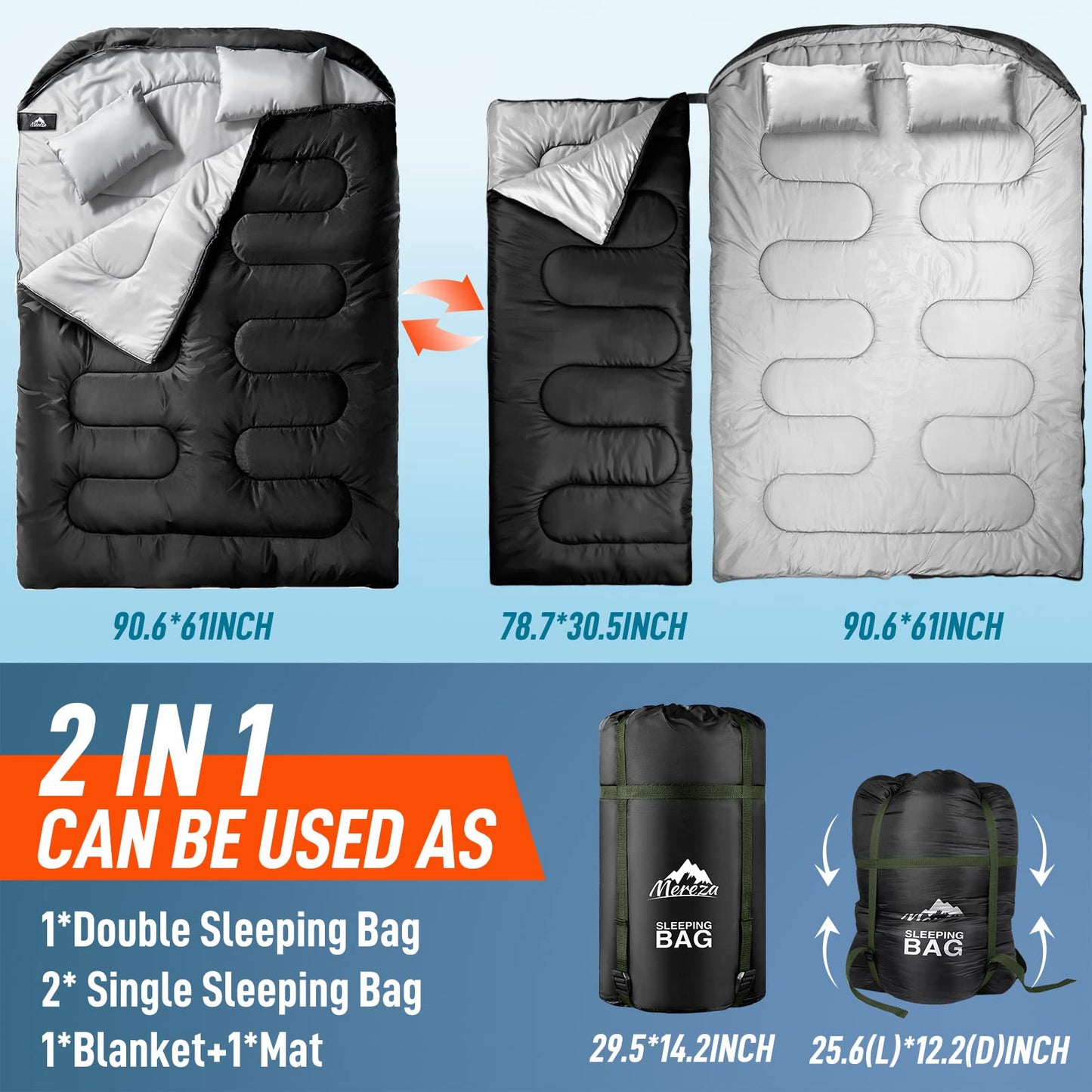 MEREZA Double Sleeping Bag for Adults Mens with Pillow, XL Queen Size Two Person Sleeping Bag for