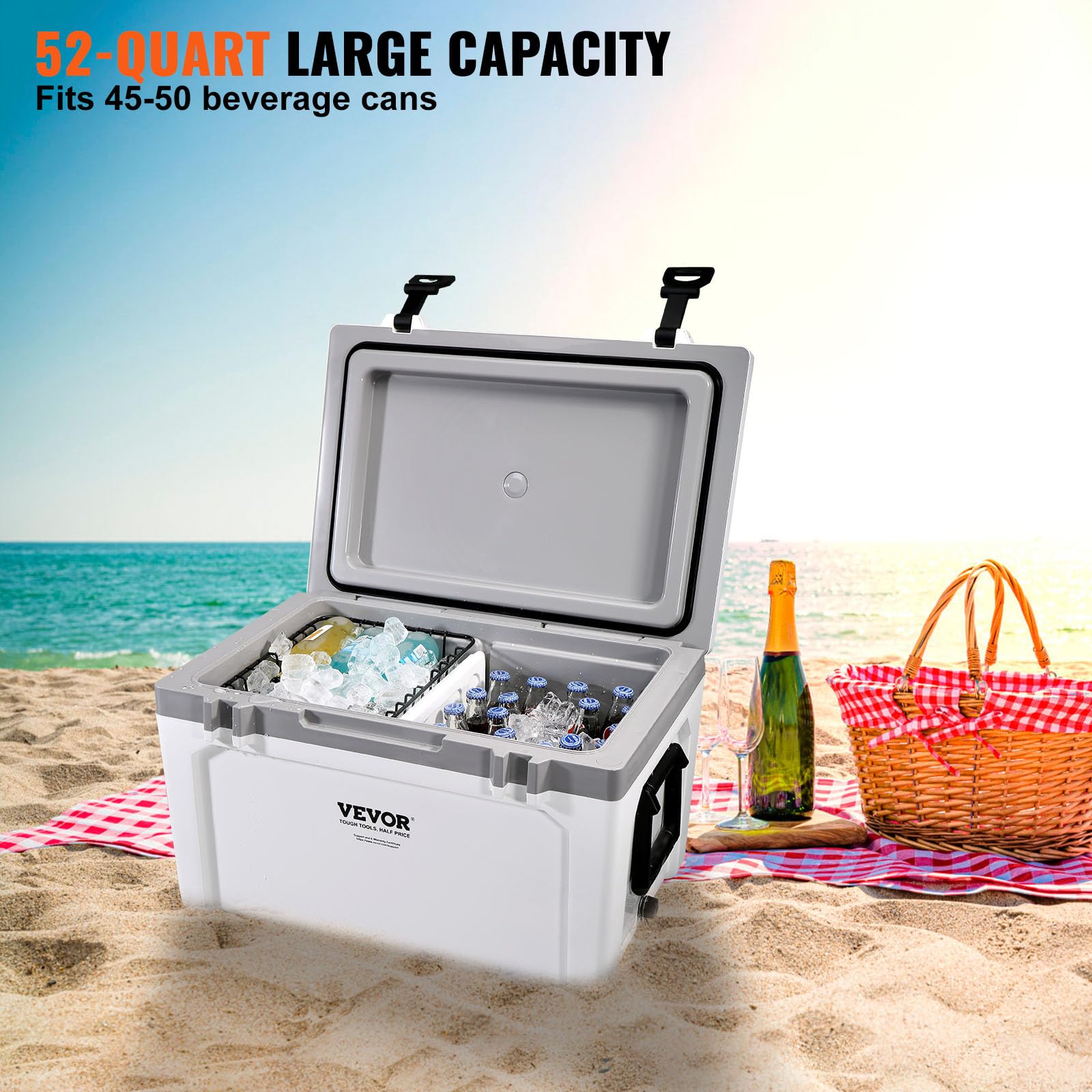 VEVOR Ultra-Light Hard Cooler 52 QT, Ice Retention Cooler with Heavy Duty Handle, Ice Chest Lunch