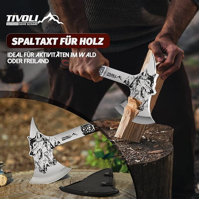 TIVOLI 13" Camping Axe, Wolf - Patterned Survival Hatchet with Nylon Sheath, High Carbon Steel Blade Compact Outdoor Bushcraft Axe with Ergonomic Wood Grip, Camping Gear for Hiking, Chopping, Hunting
