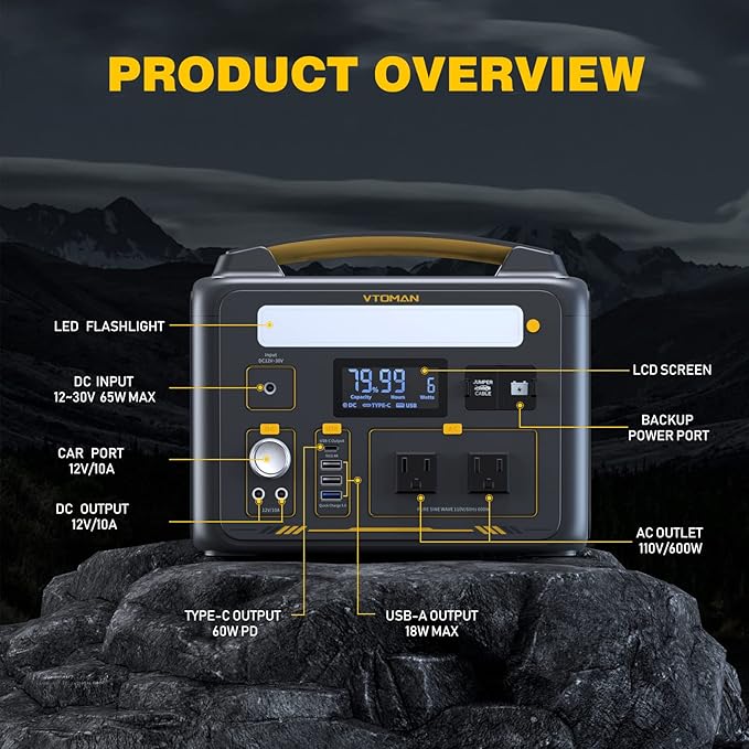 VTOMAN Jump 600X 600W Portable Power Station with 640Wh Extra Batteryï¼?39Wh Solar Generator LiFePO4 Battery, 1200W AC Outlet, PD 60W USB-C, 3x Regulated 12V/10A DC for Camping, Off-grid, Home Backup