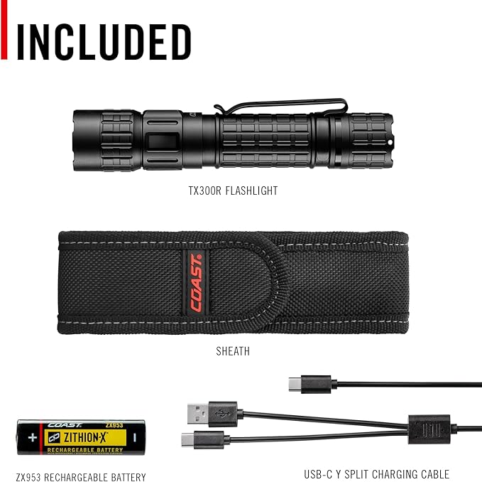 Coast TX300R 3000 Lumen Rechargeable Long Range Tactical LED Flashlight with Strobe, Spot and Flood Beams - POWERiQ??Digital Display, Durable Aluminum Build