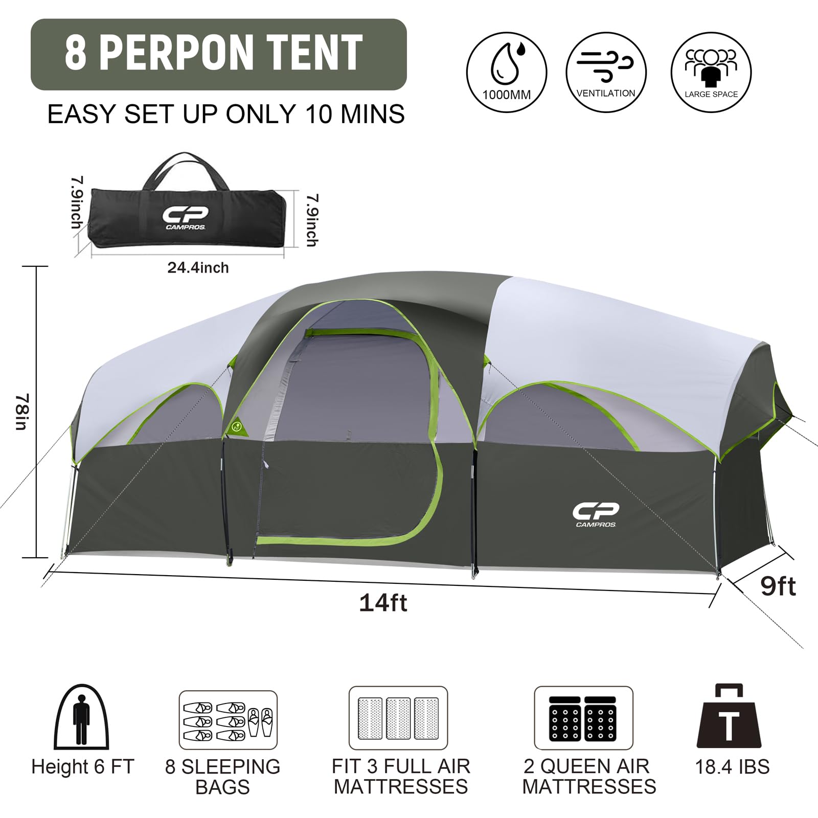 CAMPROS CP 8 Person Camping Tent, Room Divider, Rainfly, Weather Resistant