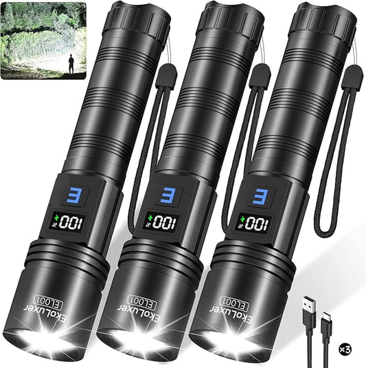 3Pack Rechargeable Flashlights 990,000 High Lumens, Super Bright Flashlight with LCD Digital Display, 5Modes Adjustable LED Flashlight Tactical Flashlights High Powered, Flash Lights for Emergency