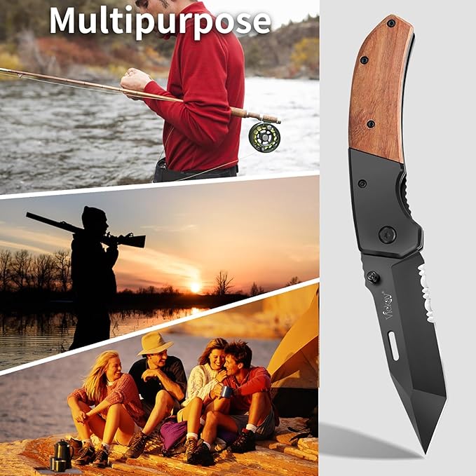 Vickay Pocket Knife, Folding Knife with Clip - 3.54??Black Serrated Steel Blade, Wood Handle EDC Knife for Men & Women, Outdoor Camping, Tactical, Hunting, Hiking, Survival - Father?™s Day Gift