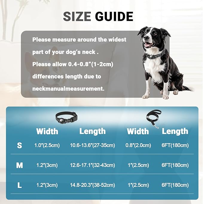 AirTag Dog Collar and Leash, IP68 Waterproof Integrated with Reflective, Ultra-Durable, Comfortable Padded, Heavy Duty Dog Collars for Small Medium Large Dogs, M (12.6"-17.1"), Black