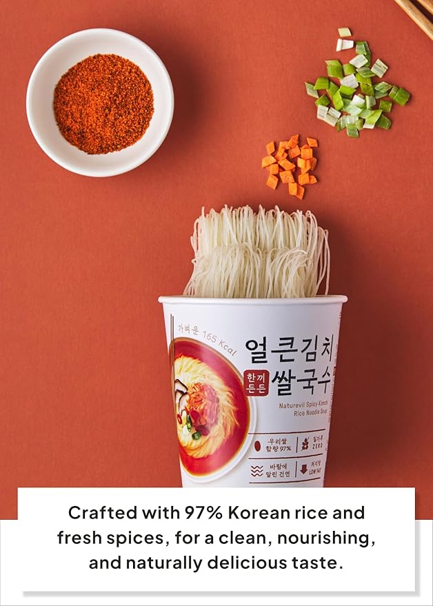 KFOOD Korean Food NATUREVIL Spicy Kimchi Cup Rice Noodle Instant Noodle Bowls, Kimchi Flavor Broth with Rice Noodles, Gluten-free, NON-GMO, No artifical additives 1.69oz (6 Pack, 10.16oz)