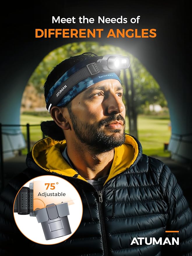 ATuMan MH1 Headlamp Rechargeable, Intelligent Multifunctional Headlight 1 Pack with Red Warning Light and 7 Lighting Modes Lightweight Headlamp with Motion Sensor for Outdoor Camping Hiking Cycling