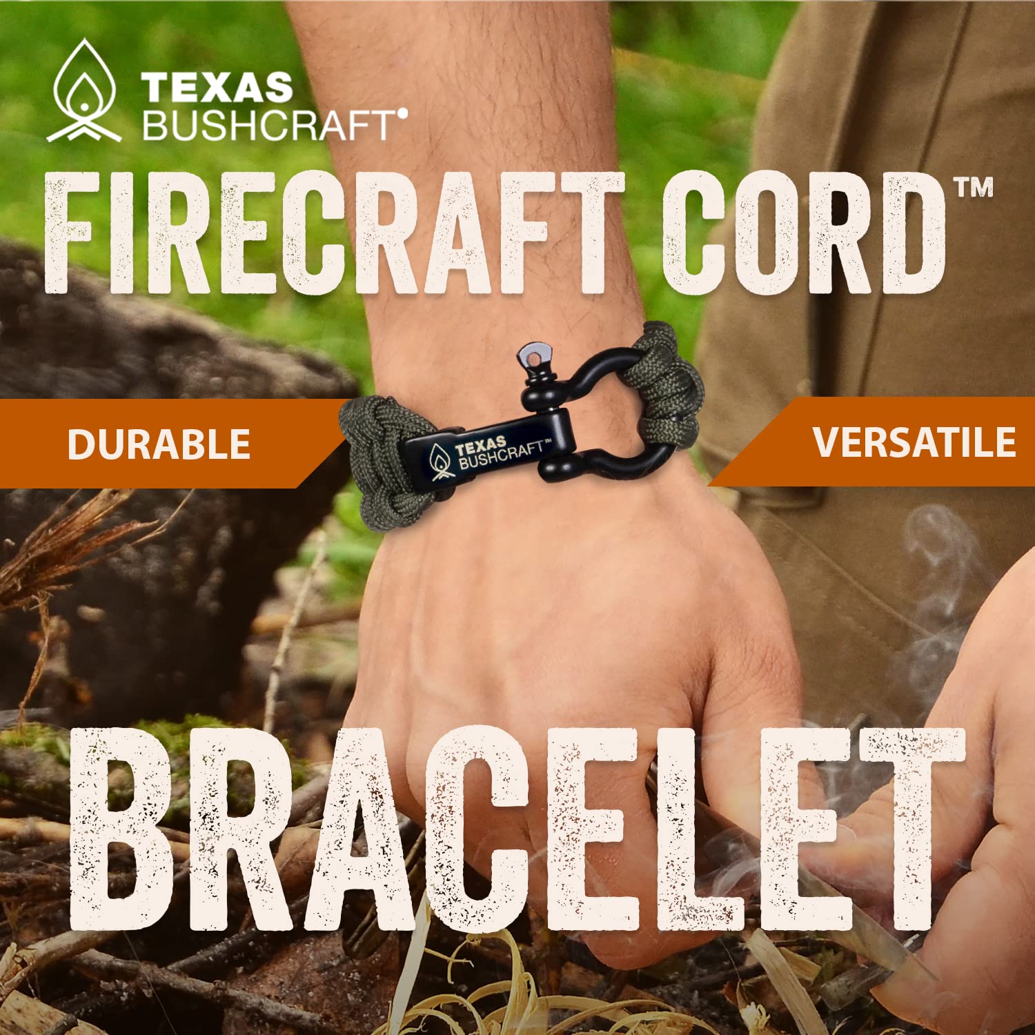 Texas Bushcraft Firecraft Cord Survival Bracelet – Paracord Bracelet with Bow Shackle for Camping
