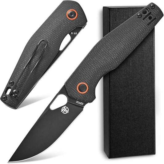 FF5 Folding Pocket Knife,DC53 Steel Blade Micarta Handle with Pocket Clip for Outdoor Camping Hunting Fishing Working (Black)