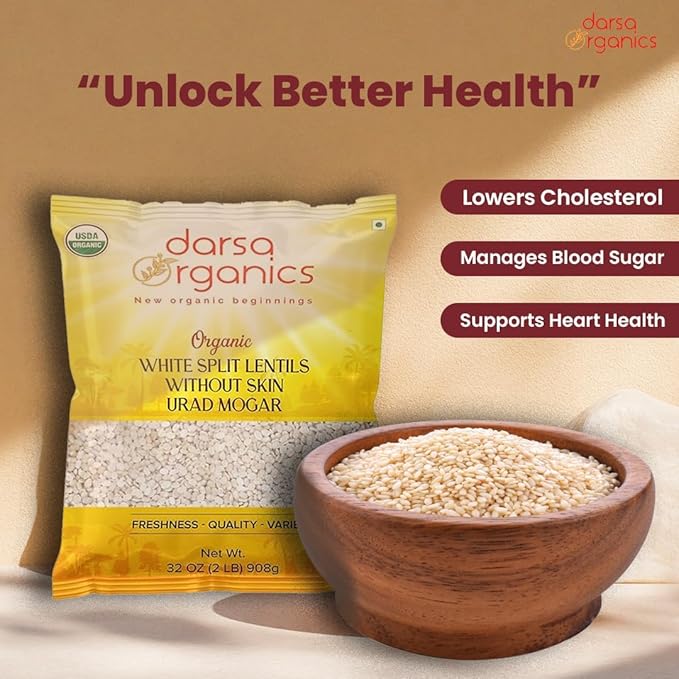 Darsa Organics Urad Dal Split Without Skin (Urad Mogar) 2lb ??USDA Organic White Matpe Split Lentils | Non-GMO, Plant-Based Protein, Kosher | Great for Dosa Batter, Soups, & Stews