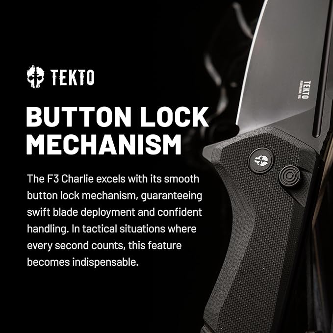 F3 Charlie Button Lock Folding Knife, Oversized Fine Edge Blade, Tactical Black G10 Handle - Easy Open Pocket Knife with Titanium Coated D2 Steel & Black Titanium Barrel Spacers