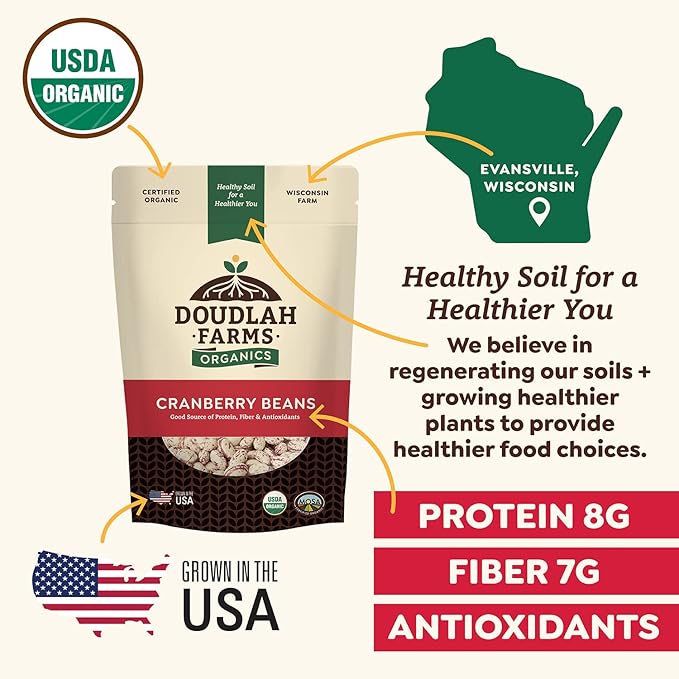 Organic Dried Cranberry Beans 5 lb - Non-GMO, USDA Organic, Farmed From Regenerative Soil, Tested Clean Certified, Vegan - Rich in Fiber & Protein for Soups, Burritos, Salads & Chili - Grown In USA by Doudlah Farms