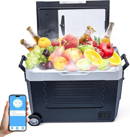 12V Car Refrigerator 58QT(55L) Car Fridge Portable Freezer Electric Cooler with Wheels 12/24V DC 110-240 Volt AC for Truck Van RV Camper SUV Travel Camping Road Trips Tailgating -4℉~68℉﻿