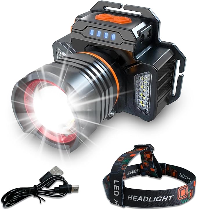 Headlamp，USB Rechargeable LED Head Mounted lampï¼?Super Bright Headlight Flashlight?”—Four Lighting Modes，Suitable for Night Work, Camping, etc