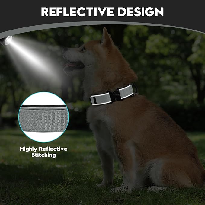 Dog Collar for Small Medium Large Dogs, Reflective, Adjustable Heavy Duty Dog Collar, Soft Neoprene Padded Comfortable for Walking (Grey, L)