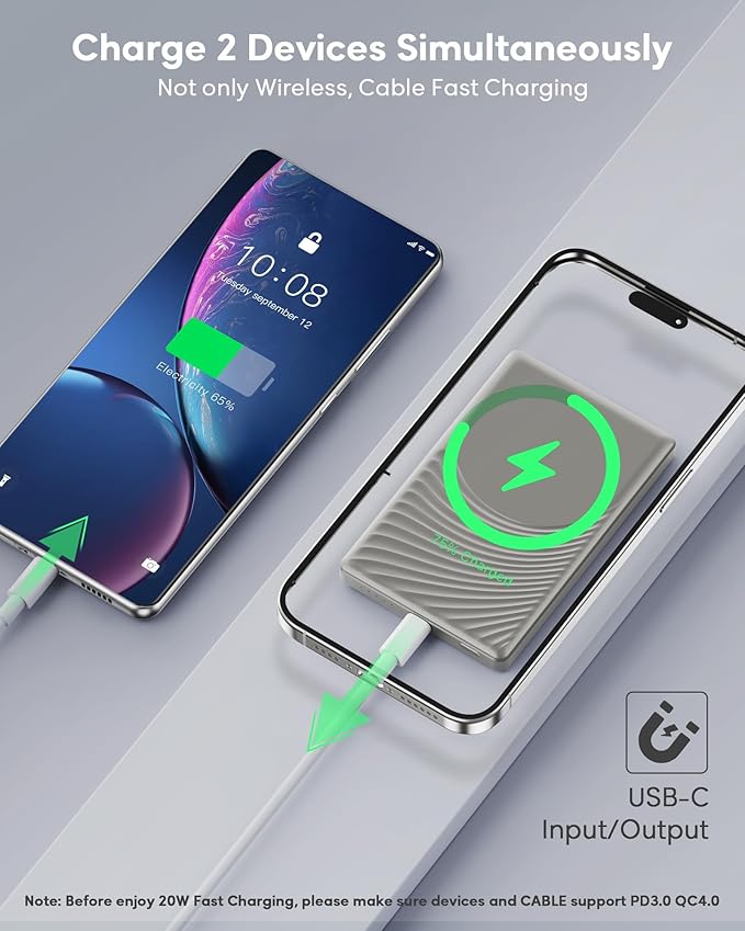 for Magsafe Battery Pack, Ultra Slim Wireless Portable Charger 5000mAh, 20W PD Magnetic Power Bank Fast Charging USB C in&Out Powerbank for iPhone 16/15/14/13/12 Mini Plus Pro Max,Grey