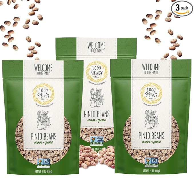 1000 SPRINGS MILL - Non-GMO Pinto Beans | Used for Soups, Stews, Dips, Chili, Burritos, Refried Beans and more | Bulk Dry Brown Beans | Resealable Bag | Vegan Friendly | 24oz (Pack of 3)
