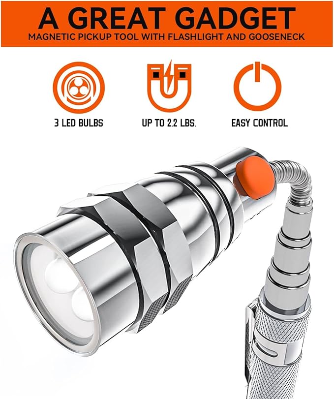 Extendable Magnetic LR44 Flashlight with Telescoping Magnet Pickup Tool-Cool Gadget Gifts for Him, Husband, Men, Dad, Father, Mechanic,Tech, Handyman, Boyfriend, Women, Silver, 2 Pack