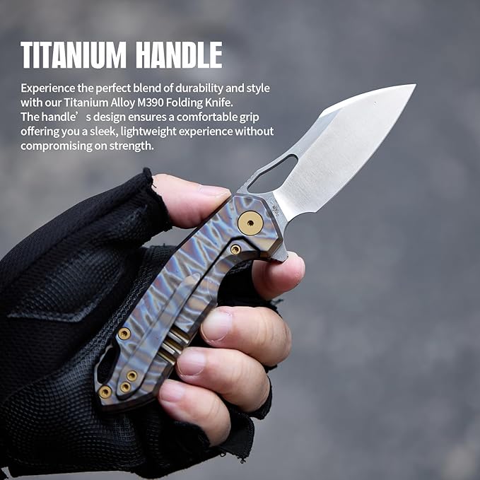 Folding Knife pocket knife EDC Knife With Clip Survival knife Camping knife - M390 Steel Titanium Handle - Outdoor Hiking Survival Hunting knife with Sheath (Colourful)