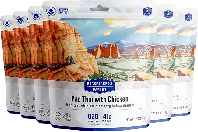 Backpacker's Pantry Pad Thai with Chicken, 2 Servings Per Pouch (6 Count), Freeze Dried Food, 23 Grams of Protein, Gluten Free