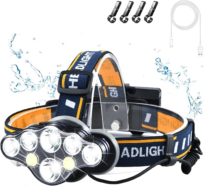 Rechargeable Headlamp, 8 LED 18000 Lumen Super Bright Waterproof Headlight with Red Lights, 8 Light Modes Head Lamp for Emergency Light Outdoors Fishing Hiking Camping Running (1, Yellow)