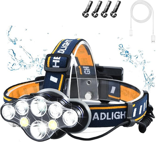 Rechargeable Headlamp, 8 LED 18000 Lumen Super Bright Waterproof Headlight with Red Lights, 8 Light Modes Head Lamp for Emergency Light Outdoors Fishing Hiking Camping Running (1, Yellow)