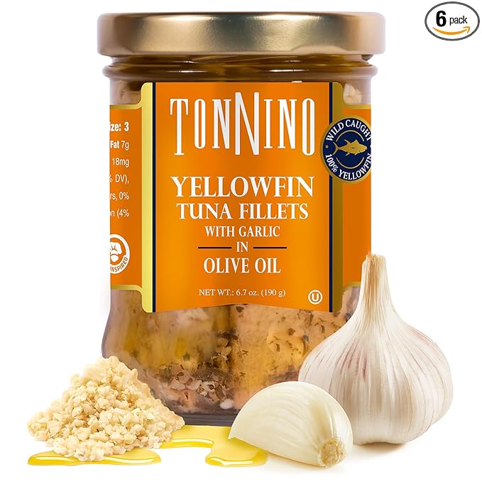 Tonnino Yellowfin in Olive Oil with Garlic 6.7 oz - 6-Pack: Omega-3, High Protein, Gluten-Free, Ready-to-Eat Packets for Salads, Fish Alternative to Salmon, Rich Flavor