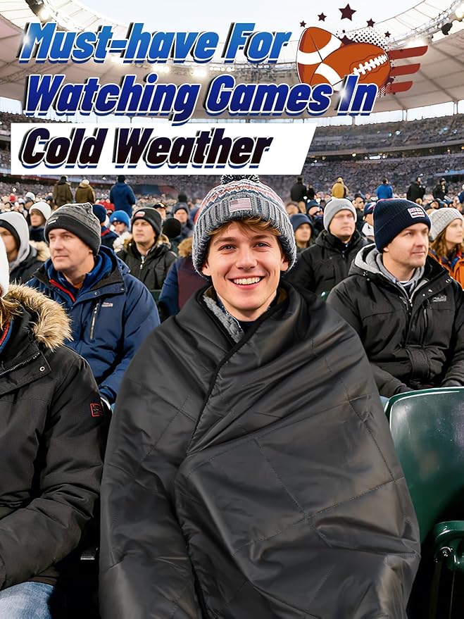 Waterproof Outdoor Stadium Blanket with Sherpa Lining-Washable Windproof Warm Foldable for Camping, Sporting Events, Picnic, Concert, Pet, Travel, Emergency Car Blanket, Gift for Cold Weather (Black)