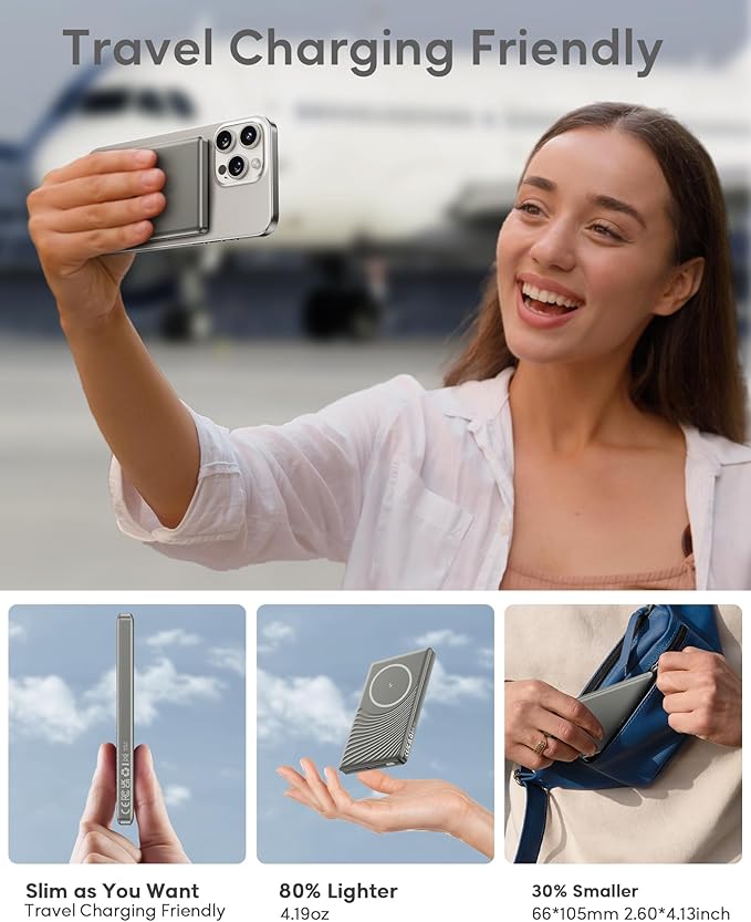 for Magsafe Battery Pack, Ultra Slim Wireless Portable Charger 5000mAh, 20W PD Magnetic Power Bank Fast Charging USB C in&Out Powerbank for iPhone 16/15/14/13/12 Mini Plus Pro Max,Grey