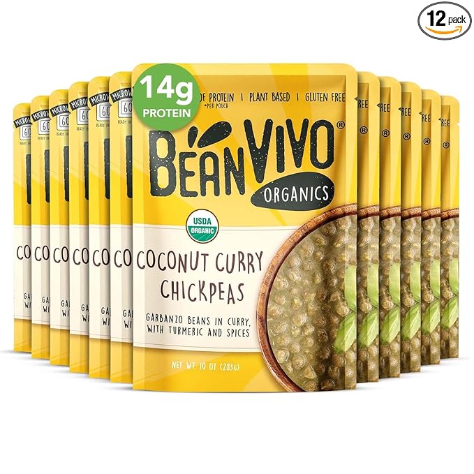 BeanVIVO (Pack of 12) Organics 14g Plant based Protein Coconut Curry Chickpeas - Good Source of Fiber - Nutritious & Microwave Meal - Gluten-Free Plant Food - 10 oz