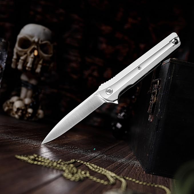 EDC Pocket Knife for Men,Folding Knives with Reversible Clip,Liner Lock 3.4'' Satin 14C28N Steel Blade,White G10 Handle,Seagull-W
