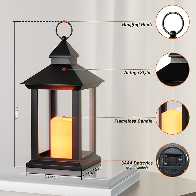 Lanterns Decorative Indoor, 2 Pack Black Outdoor Lantern with Timer, 14" Lantern Waterproof with Battery Operated Candle, Outdoor Hanging Lanterns for Porch, Patio, Wedding Decor