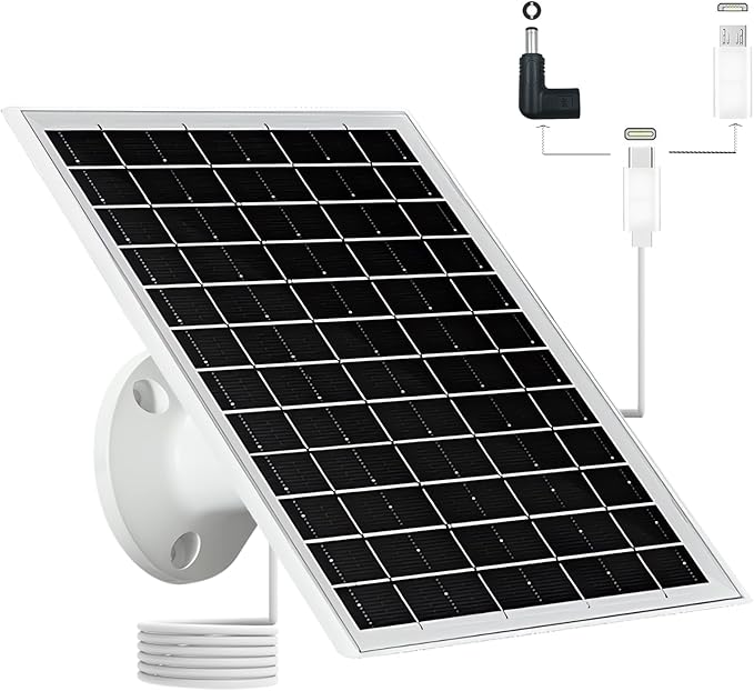 Solar Panel for Security Camera IP65 Waterproof USB Solar Panel Charger Type-C Port?�Micro USB Port＆DC Port Solar Sanels for Cameras with 9.8ft Charging Cable 6W Charging Power(1 Pack White)