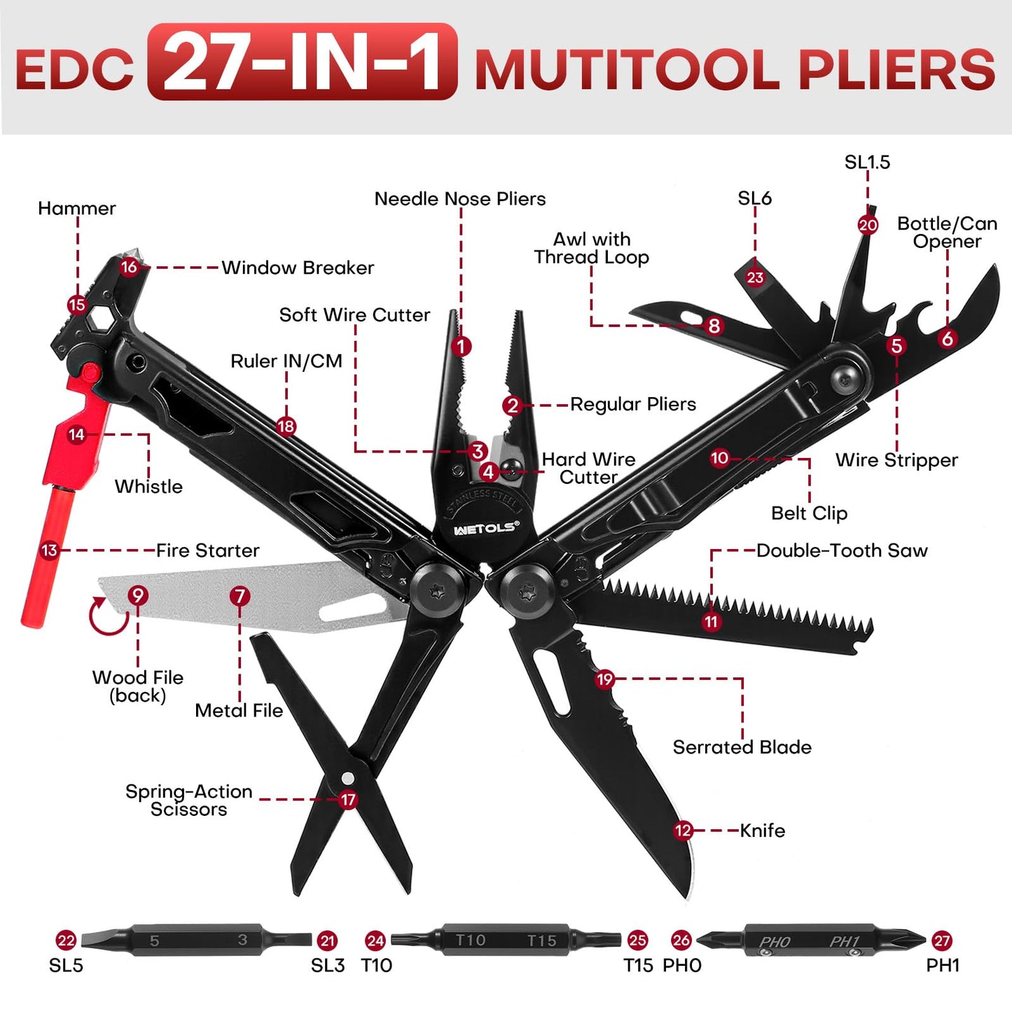 WETOLS Multitool with Pocket Knife, Stainless Steel Needle Nose Pliers