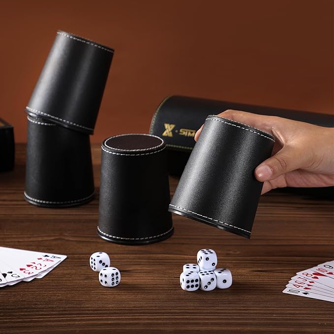 Leather Dice Cup Set, 5 Black Leather Dice Cups + 25 Dice + Exclusive Storage and Transport Case Made of Faux Leather