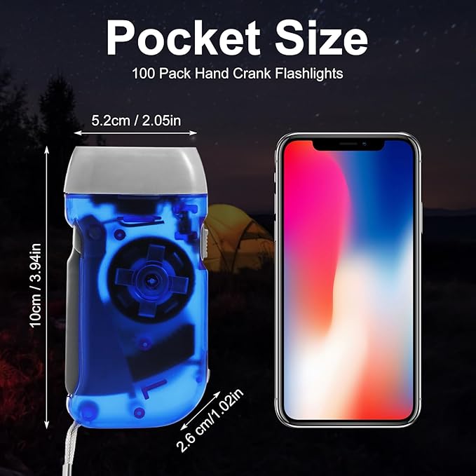 Retisee 48 Pcs Hand Crank Flashlight No Battery Required Torch Light Manual Press Flashlight 3 LED Squeeze Torch Light for Shoeboxes Camping Hiking(Green, Blue, Yellow, Gray)