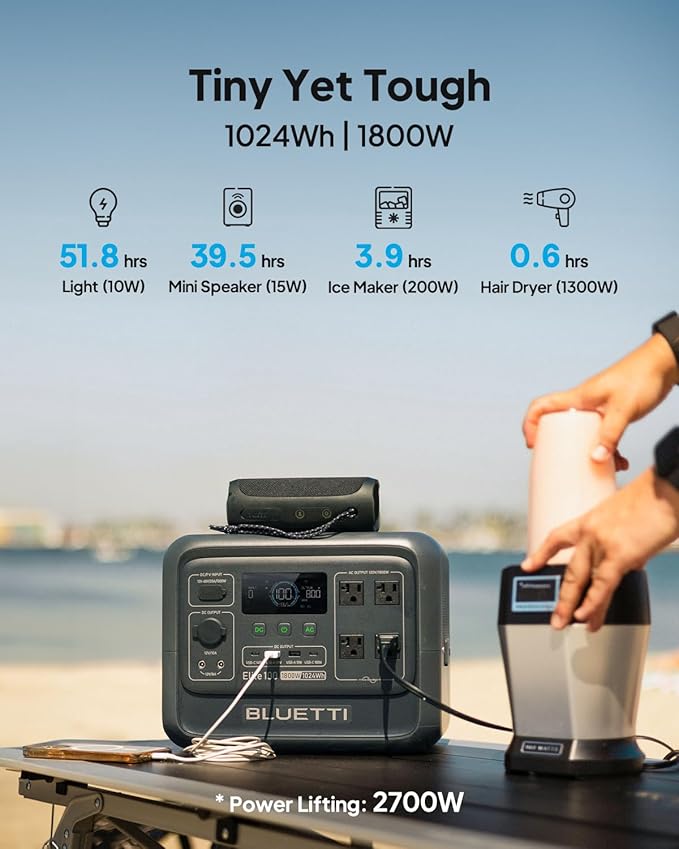 BLUETTI Elite 100 V2 Solar Generator with 200W Solar Panel and Charger 1 (Ship Separately), 1024Wh Portable Power Station w/ 1800W Power, 560W DC-DC Car Charger, for Camping, Road Trips, RV (2025 New)