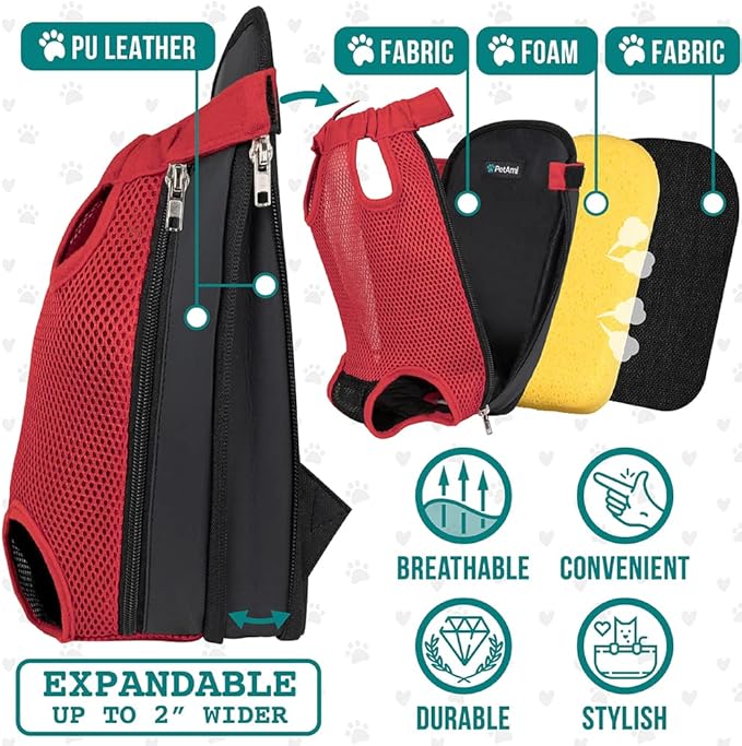PetAmi Dog Carrier Backpack, Adjustable Dog Pet Cat Front Carrier Backpack | Ventilated Dog Chest Carrier for Hiking Camping Travel, Sling Bag for Small Medium Dog Cat Puppies, Medium, 9-13 lbs, Red